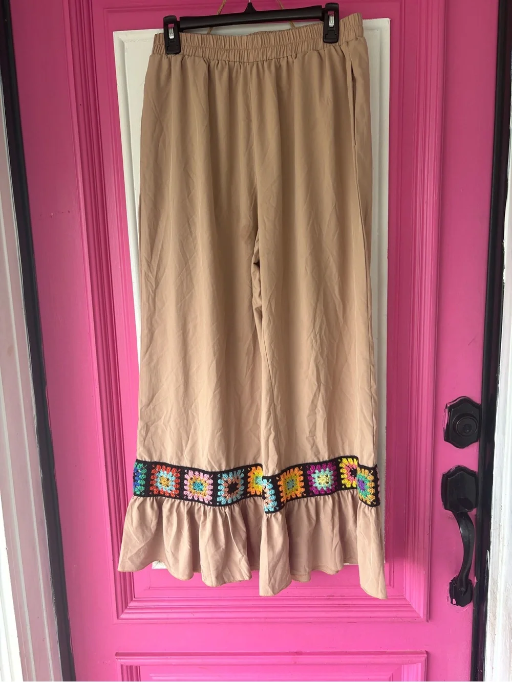 Taupe Cropped Pants with Black Multicolor Crochet Trim - Picture 5 of 7